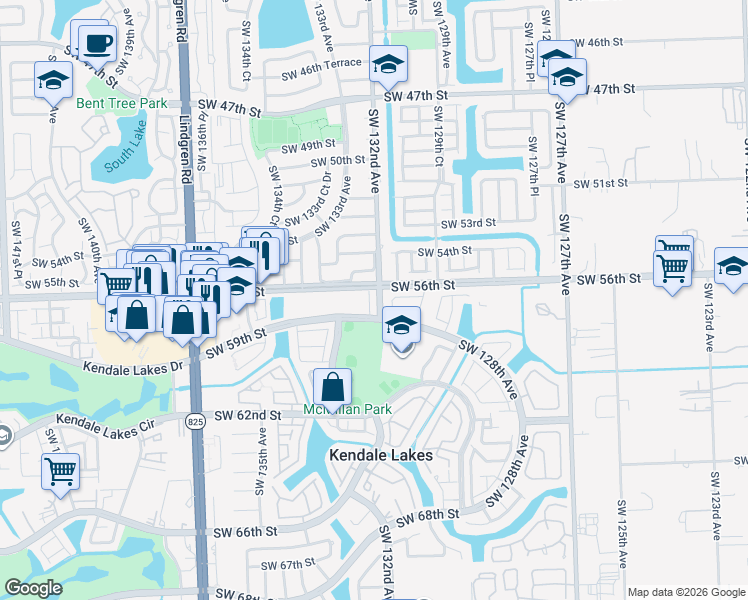 map of restaurants, bars, coffee shops, grocery stores, and more near 5725 Southwest 132nd Court in Miami
