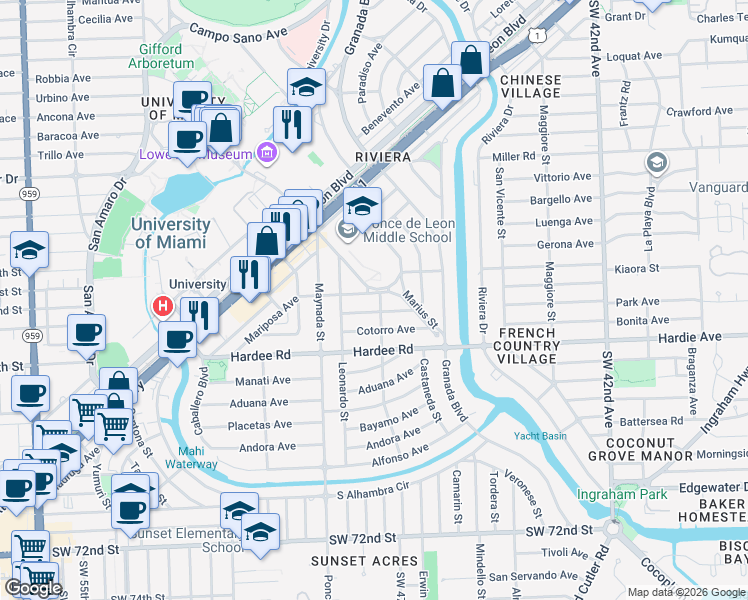 map of restaurants, bars, coffee shops, grocery stores, and more near 5900 Cellini Street in Coral Gables