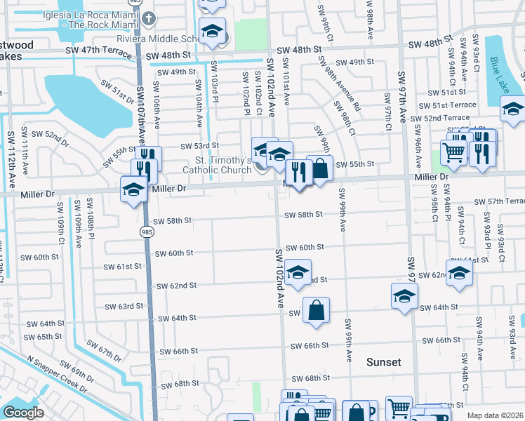map of restaurants, bars, coffee shops, grocery stores, and more near 10241 Southwest 58th Street in Miami