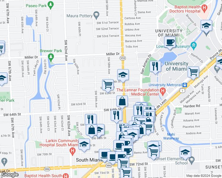 map of restaurants, bars, coffee shops, grocery stores, and more near 5782 Southwest 61st Street in Miami