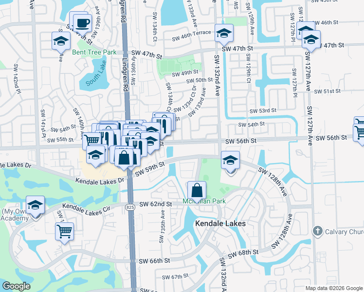 map of restaurants, bars, coffee shops, grocery stores, and more near in Kendale Lakes
