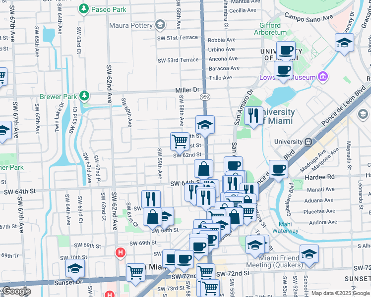 map of restaurants, bars, coffee shops, grocery stores, and more near 5782 Southwest 61st Street in Miami