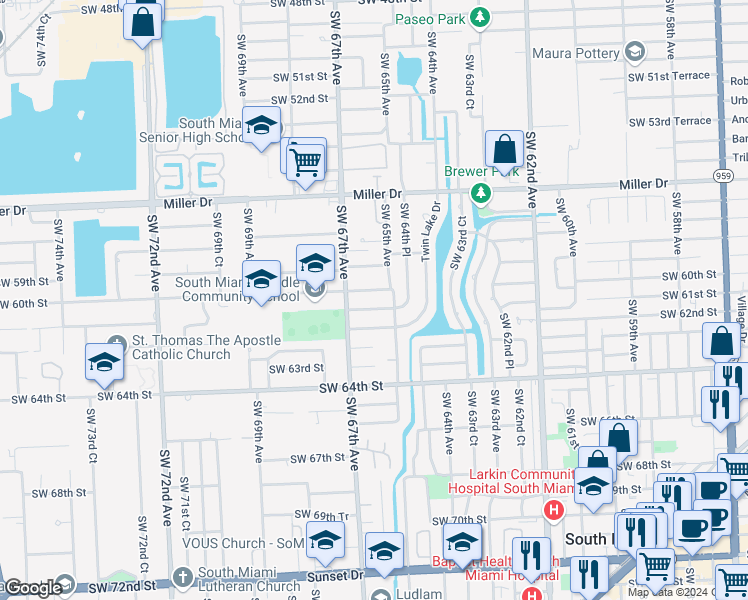 map of restaurants, bars, coffee shops, grocery stores, and more near 6538 Southwest 60th Street in South Miami