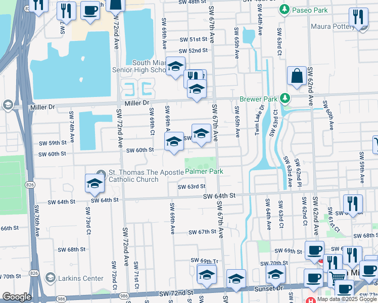 map of restaurants, bars, coffee shops, grocery stores, and more near 5120 Sunset Drive in Miami