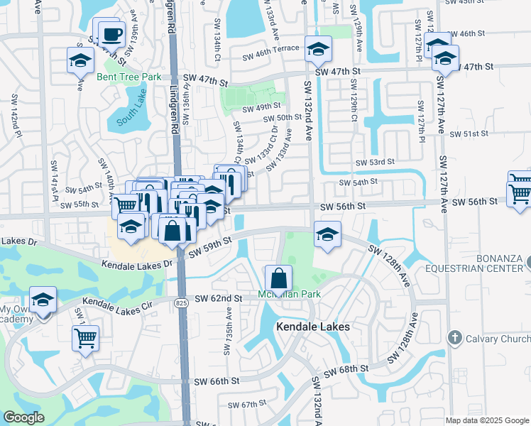 map of restaurants, bars, coffee shops, grocery stores, and more near 13335 Southwest 57th Terrace in Miami