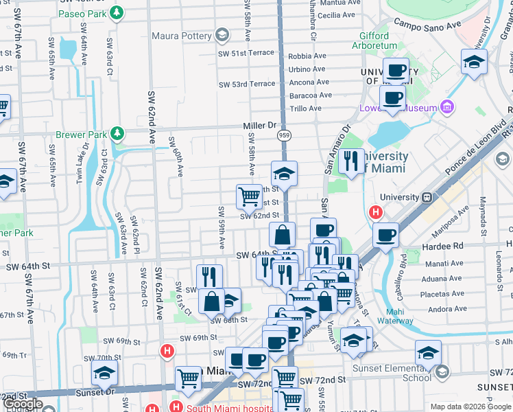 map of restaurants, bars, coffee shops, grocery stores, and more near 5782 Southwest 61st Street in Miami