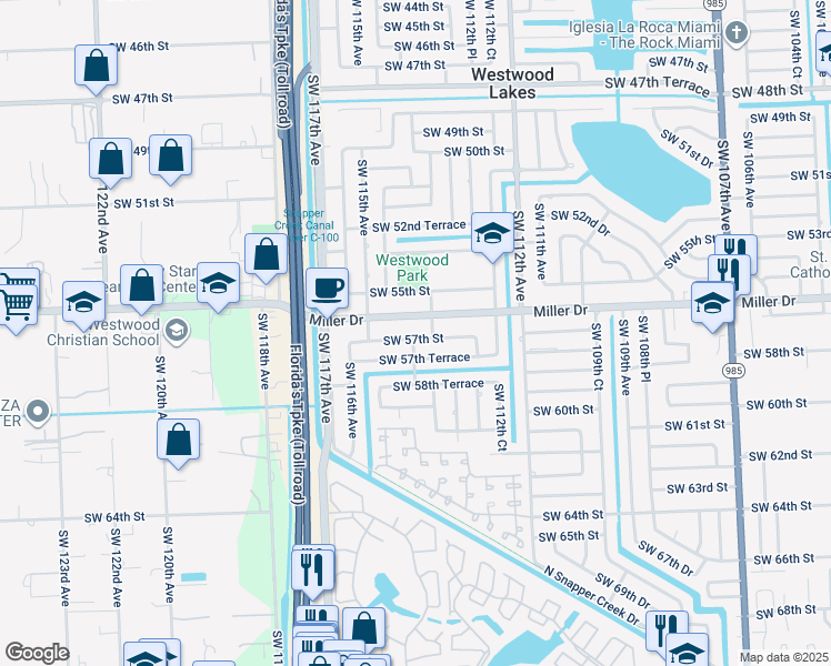 map of restaurants, bars, coffee shops, grocery stores, and more near 11395 Southwest 57th Street in Miami