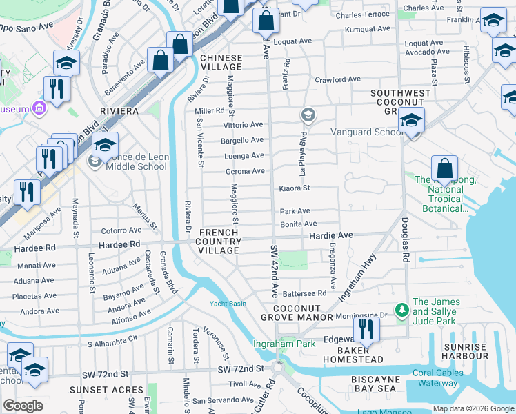 map of restaurants, bars, coffee shops, grocery stores, and more near 421 Savona Avenue in Coral Gables