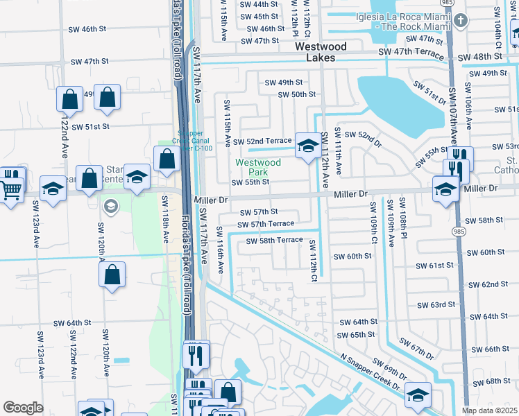 map of restaurants, bars, coffee shops, grocery stores, and more near 11395 Southwest 57th Street in Miami