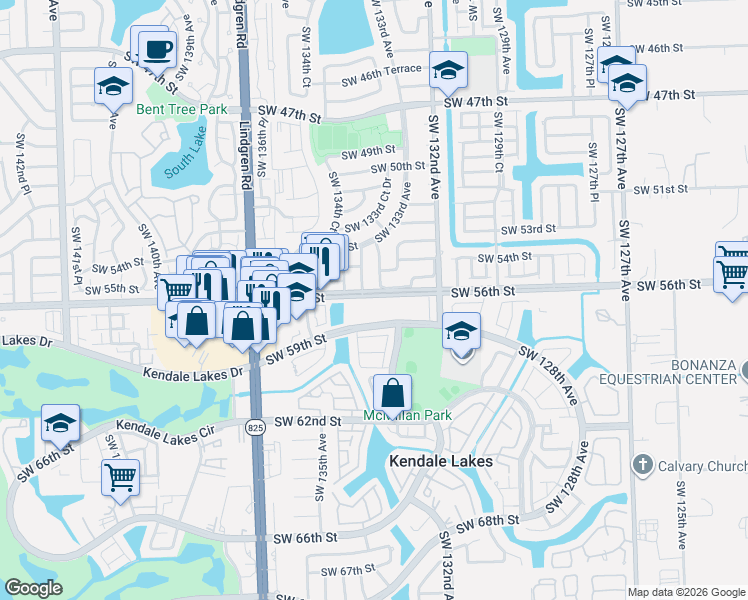 map of restaurants, bars, coffee shops, grocery stores, and more near in Kendale Lakes