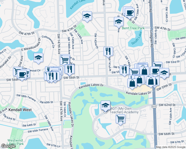 map of restaurants, bars, coffee shops, grocery stores, and more near 14300 Southwest 55th Street in Miami