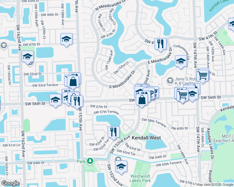 map of restaurants, bars, coffee shops, grocery stores, and more near 15367 Southwest 55th Terrace in Miami