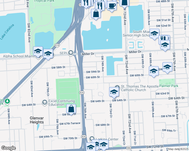 map of restaurants, bars, coffee shops, grocery stores, and more near 7465 SW 60th St in Miami