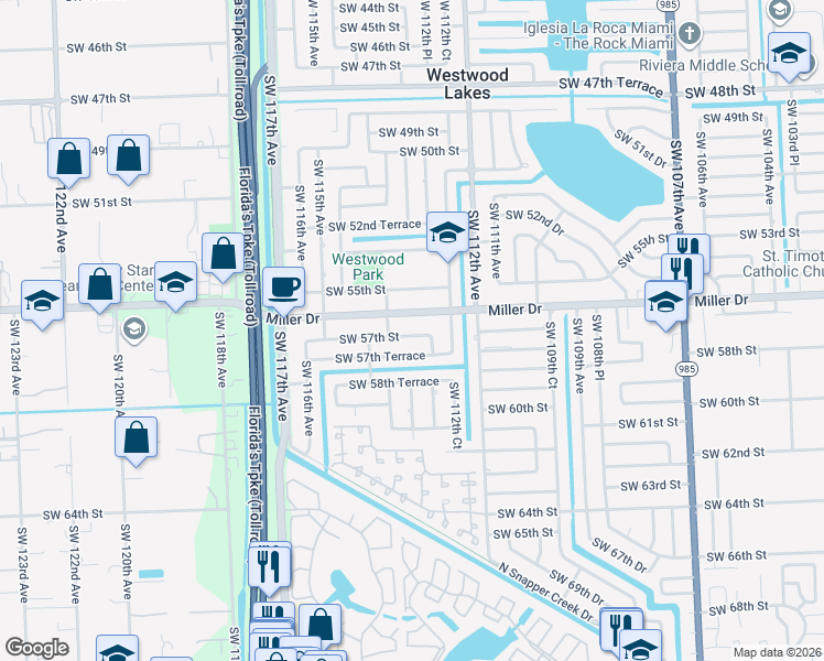 map of restaurants, bars, coffee shops, grocery stores, and more near 11335 Southwest 57th Street in Miami