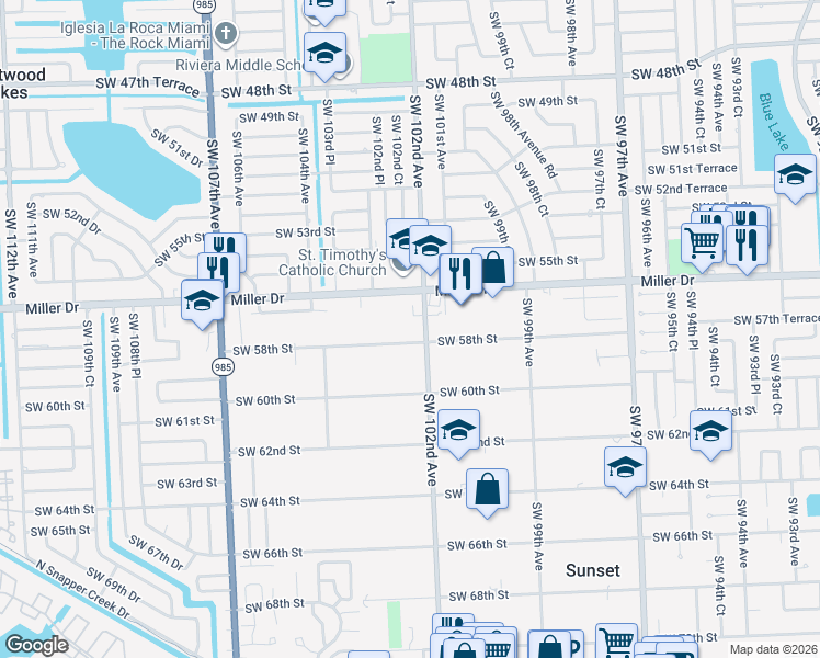 map of restaurants, bars, coffee shops, grocery stores, and more near 10241 Southwest 58th Street in Miami