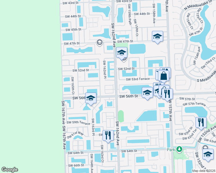 map of restaurants, bars, coffee shops, grocery stores, and more near 5432 Southwest 162nd Place in Miami
