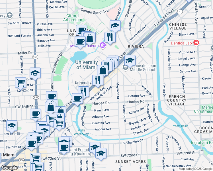 map of restaurants, bars, coffee shops, grocery stores, and more near 1150 Madruga Avenue in Miami