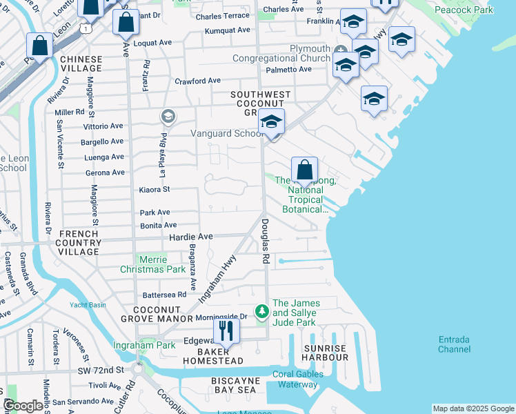 map of restaurants, bars, coffee shops, grocery stores, and more near 4131 Douglas Road in Miami