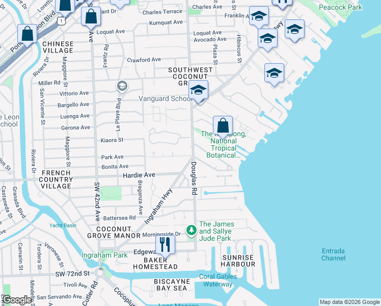 map of restaurants, bars, coffee shops, grocery stores, and more near 4131 Douglas Road in Miami