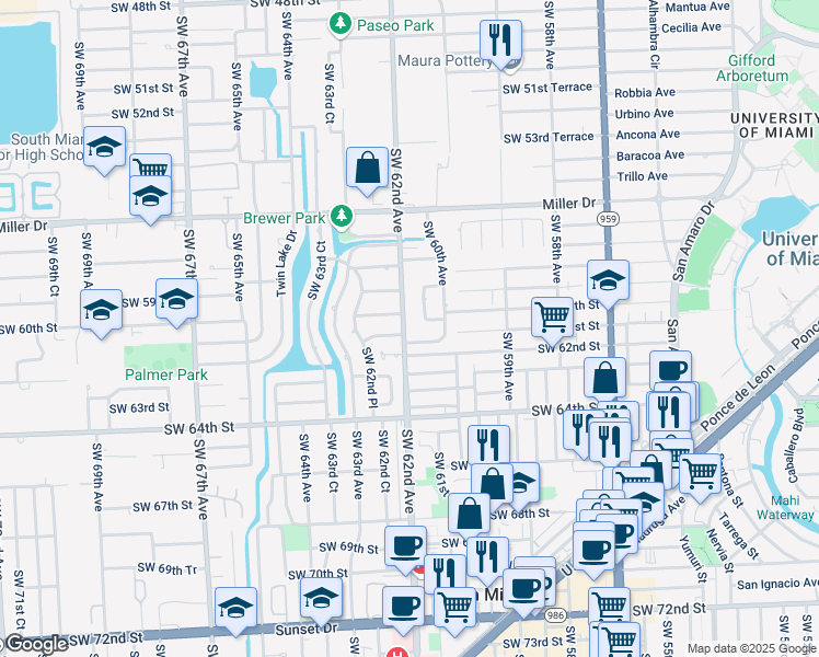 map of restaurants, bars, coffee shops, grocery stores, and more near 6029 Southwest 62nd Avenue in South Miami