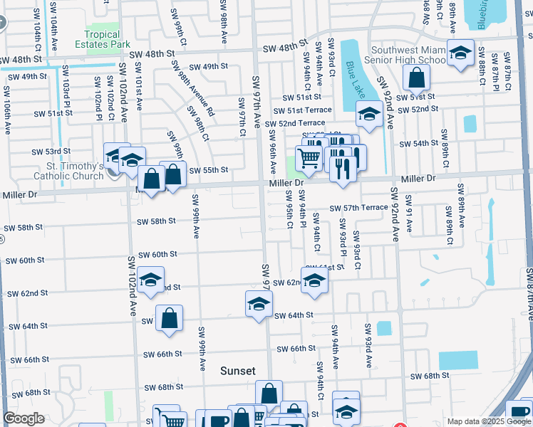 map of restaurants, bars, coffee shops, grocery stores, and more near 9621 Southwest 58th Street in Miami