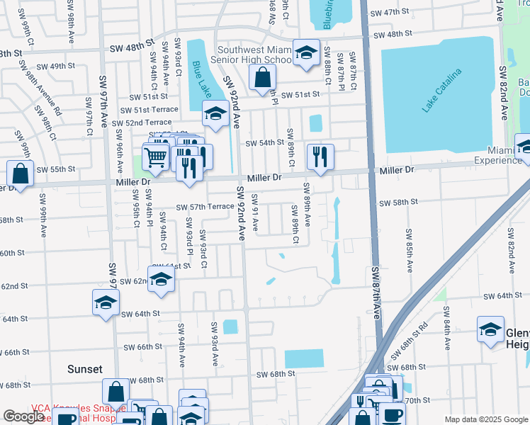 map of restaurants, bars, coffee shops, grocery stores, and more near 5800 Southwest 90th Court in Miami