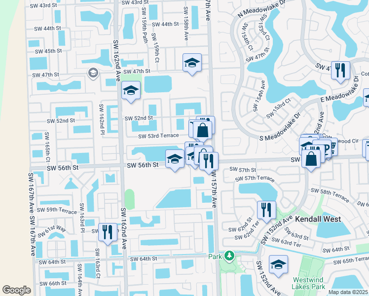 map of restaurants, bars, coffee shops, grocery stores, and more near 5472 Southwest 158th Court in Miami