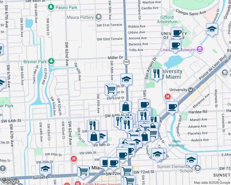 map of restaurants, bars, coffee shops, grocery stores, and more near 5782 Southwest 61st Street in Miami