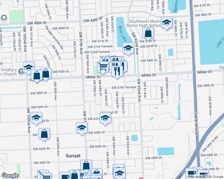 map of restaurants, bars, coffee shops, grocery stores, and more near 9350 Southwest 57th Terrace in Miami