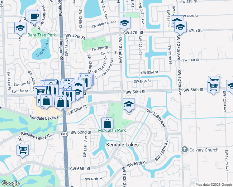 map of restaurants, bars, coffee shops, grocery stores, and more near 12039 Southwest 132nd Court in Miami