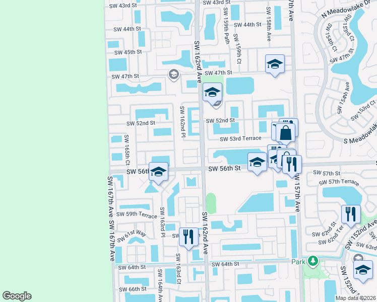 map of restaurants, bars, coffee shops, grocery stores, and more near 5432 Southwest 162nd Place in Miami