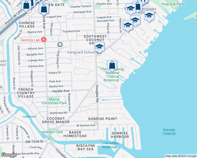 map of restaurants, bars, coffee shops, grocery stores, and more near 4131 Douglas Road in Miami