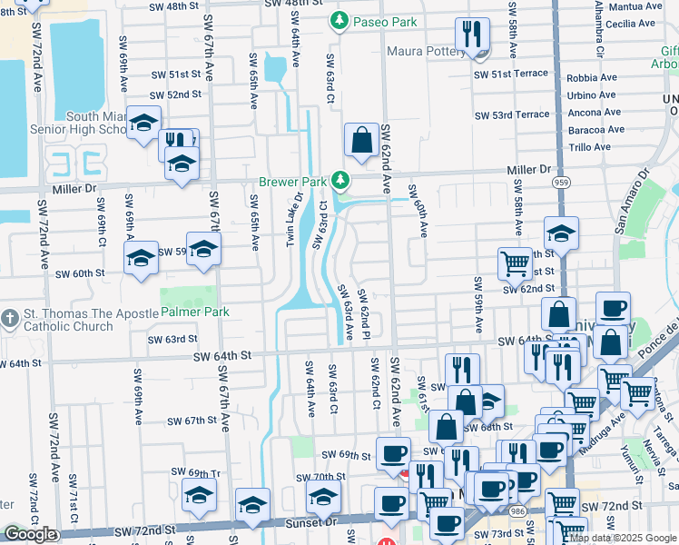 map of restaurants, bars, coffee shops, grocery stores, and more near 6031 Southwest 63rd Avenue in South Miami