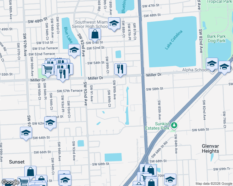 map of restaurants, bars, coffee shops, grocery stores, and more near 5865 Southwest 89th Avenue in Miami
