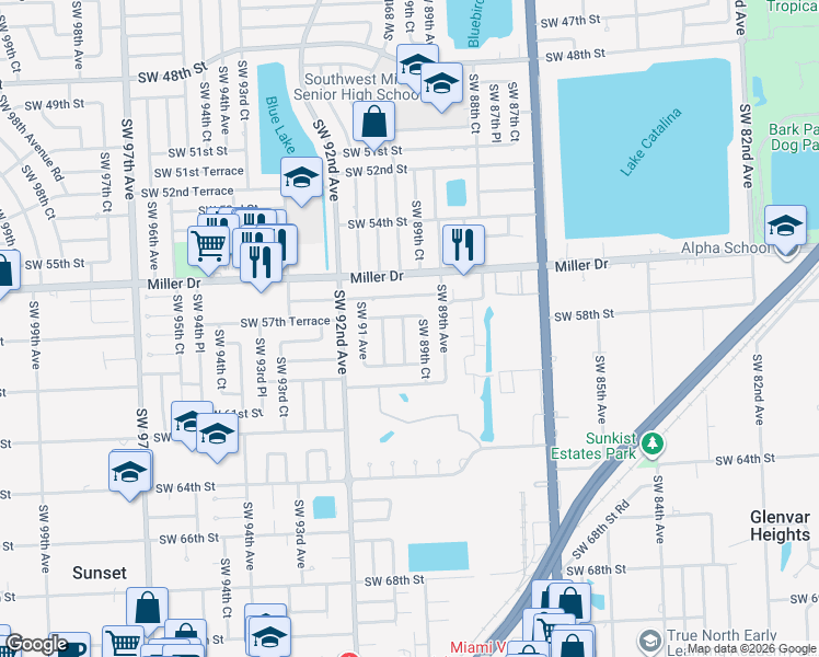 map of restaurants, bars, coffee shops, grocery stores, and more near 5801 Southwest 89th Place in Miami