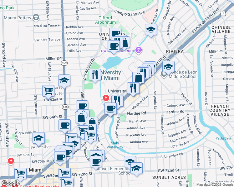 map of restaurants, bars, coffee shops, grocery stores, and more near Dauer Drive in Coral Gables