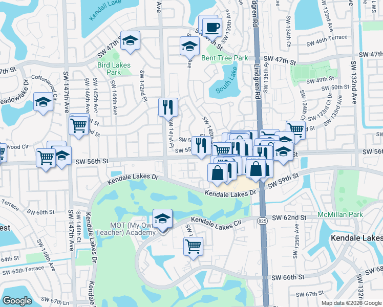 map of restaurants, bars, coffee shops, grocery stores, and more near 5504 Southwest 140th Place in Miami