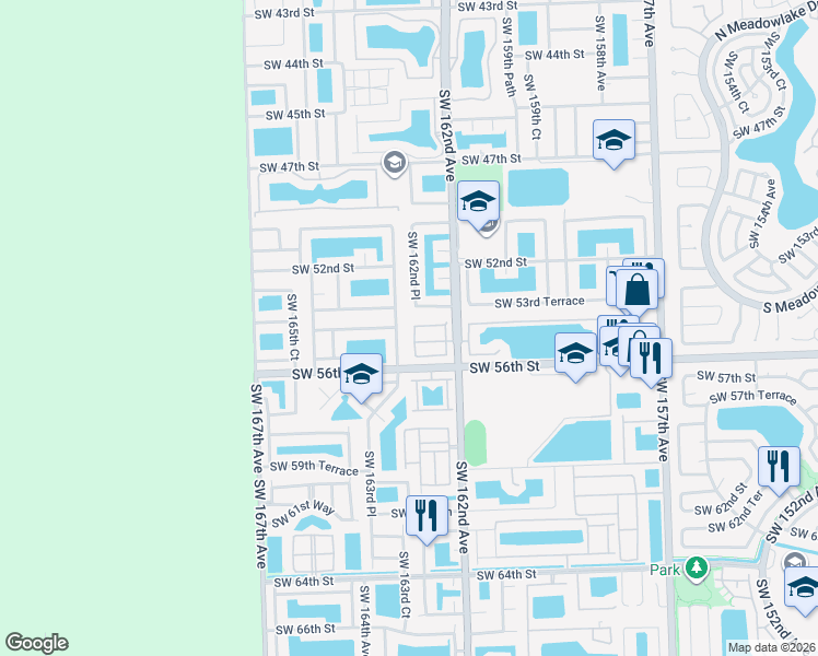 map of restaurants, bars, coffee shops, grocery stores, and more near 5432 Southwest 162nd Place in Miami