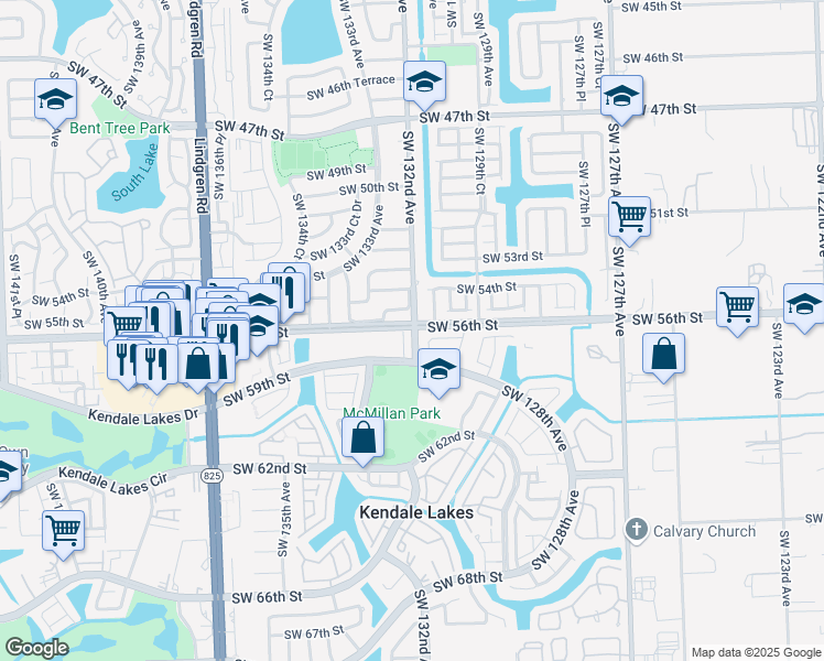 map of restaurants, bars, coffee shops, grocery stores, and more near 12039 Southwest 132nd Court in Miami