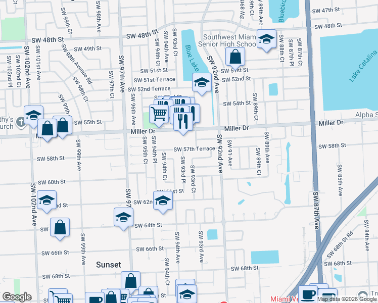 map of restaurants, bars, coffee shops, grocery stores, and more near 9350 Southwest 57th Terrace in Miami