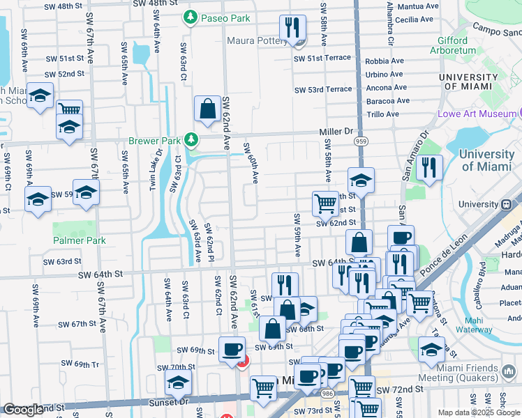 map of restaurants, bars, coffee shops, grocery stores, and more near 6017 Southwest 60th Avenue in South Miami