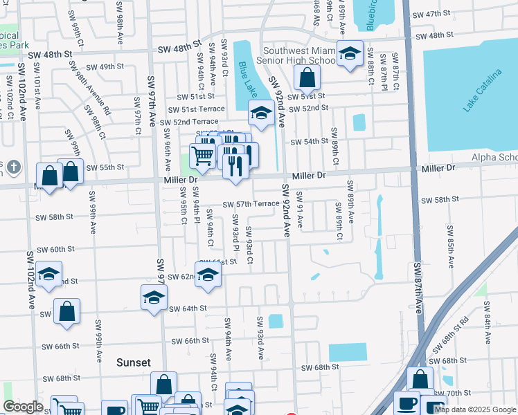 map of restaurants, bars, coffee shops, grocery stores, and more near 9260 Southwest 57th Terrace in Miami