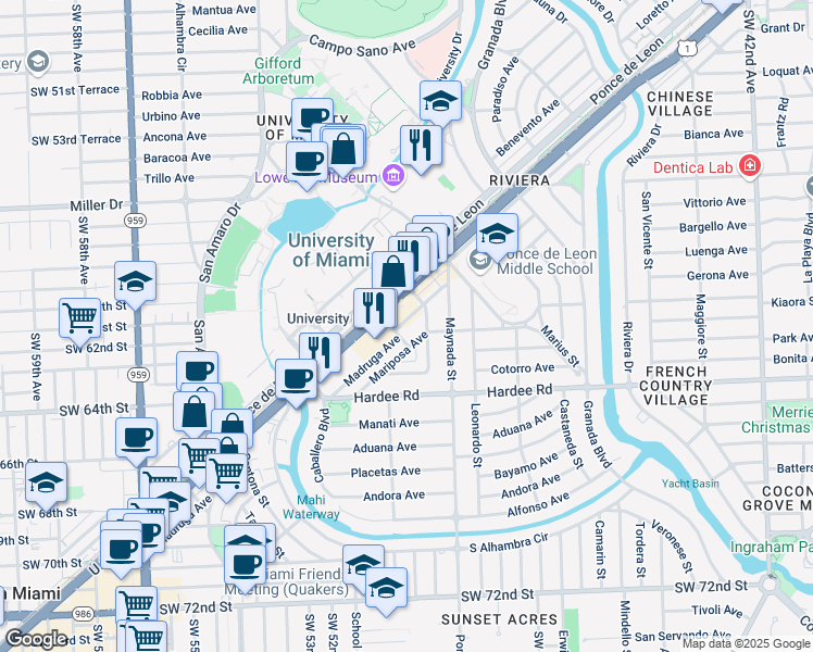 map of restaurants, bars, coffee shops, grocery stores, and more near 1150 Madruga Avenue in Miami