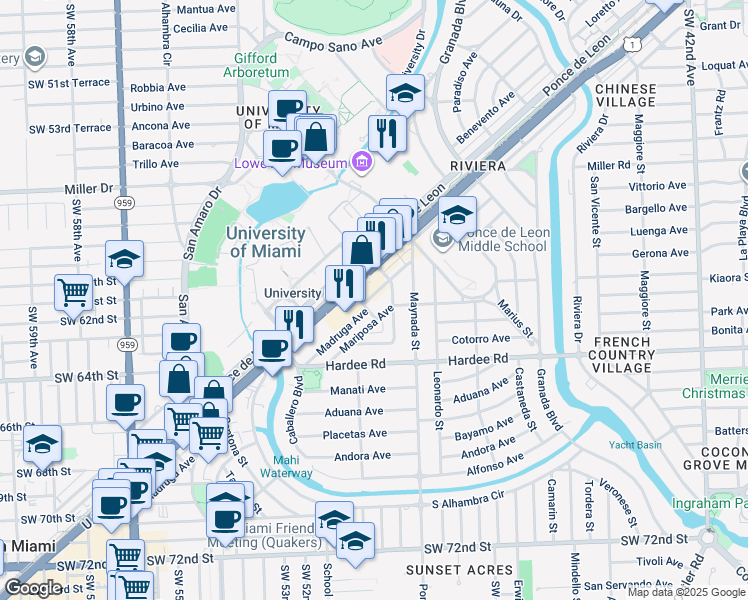 map of restaurants, bars, coffee shops, grocery stores, and more near 1150 Madruga Avenue in Miami