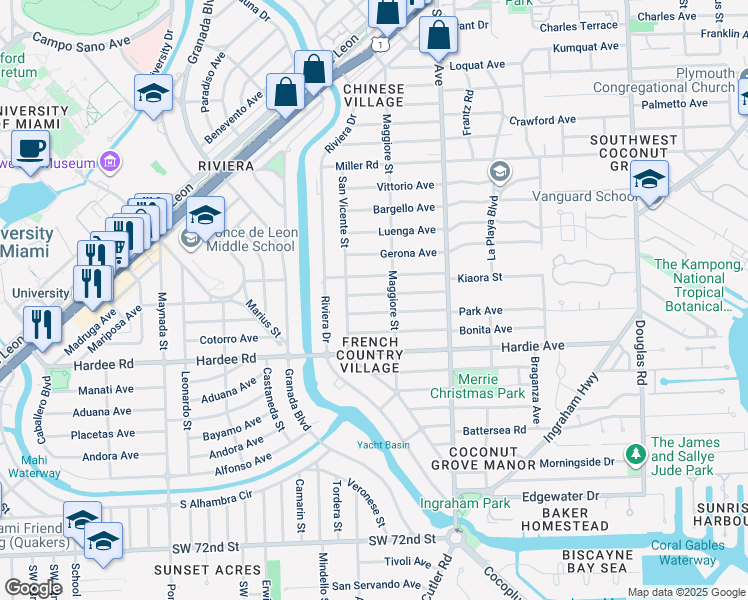 map of restaurants, bars, coffee shops, grocery stores, and more near 534 Daroco Avenue in Coral Gables