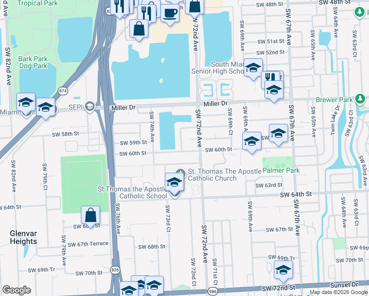map of restaurants, bars, coffee shops, grocery stores, and more near 5921 Southwest 73rd Avenue in Miami