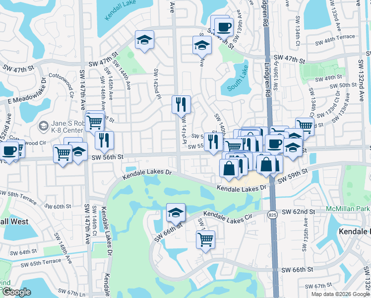 map of restaurants, bars, coffee shops, grocery stores, and more near 14108 Southwest 55th Street in Miami