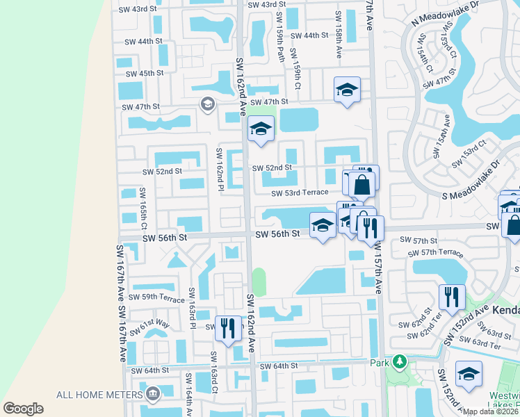 map of restaurants, bars, coffee shops, grocery stores, and more near 16138 Southwest 54th Terrace in Miami
