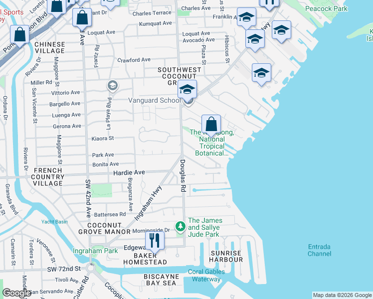 map of restaurants, bars, coffee shops, grocery stores, and more near 4131 Douglas Road in Miami
