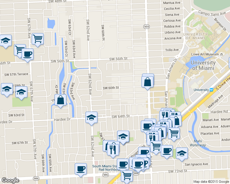 map of restaurants, bars, coffee shops, grocery stores, and more near 5921 Southwest 61st Street in South Miami